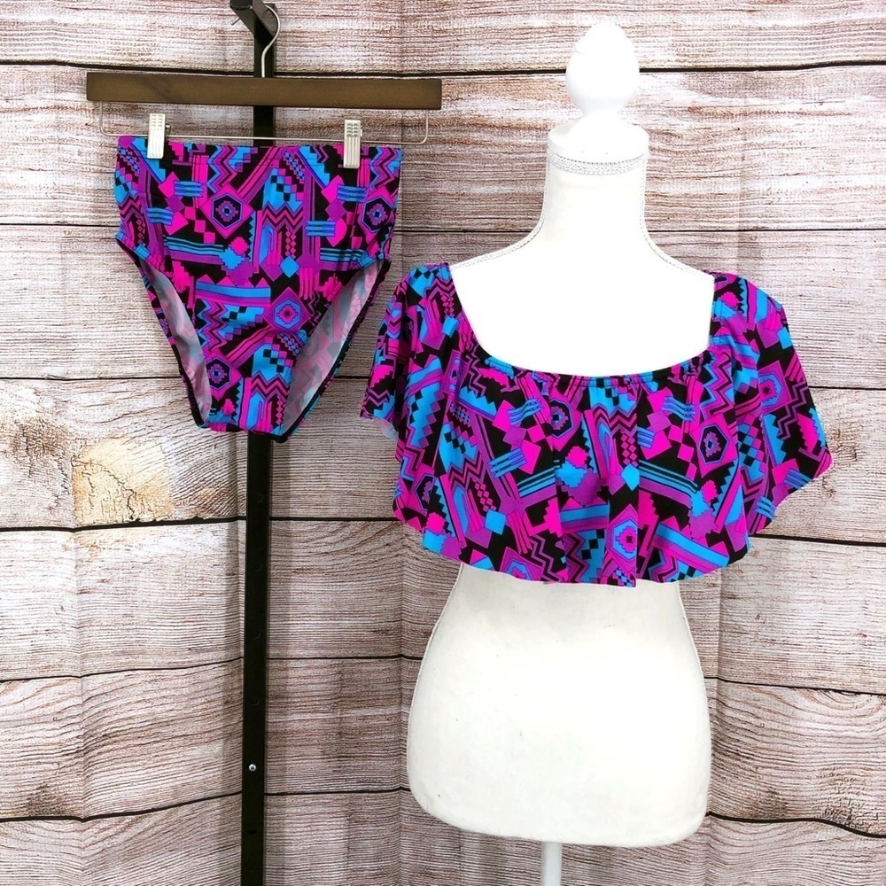Nakimuli Pink Purple and Blue Geometric Two Piece Swimsuit Size M